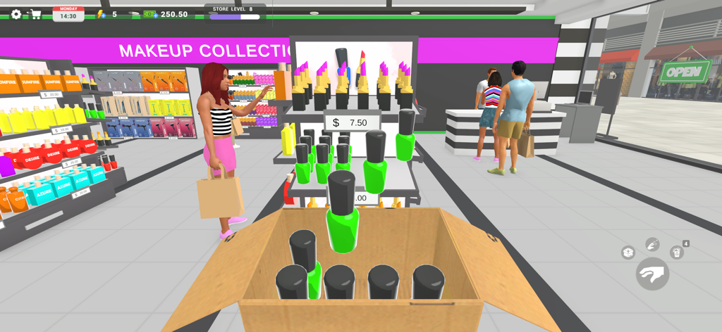 Makeup Store Simulator - First-person view of a player stocking green nail polish onto a display shelf in a beauty shop simulator.