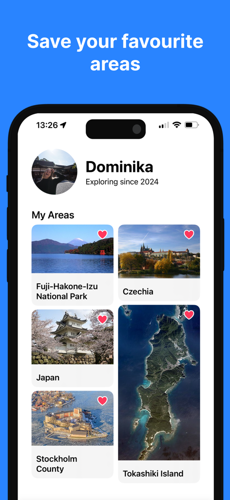 Been To - Track Your Places - A user profile in the Been To app displaying a collection of saved favorite travel locations including Japan and Czechia