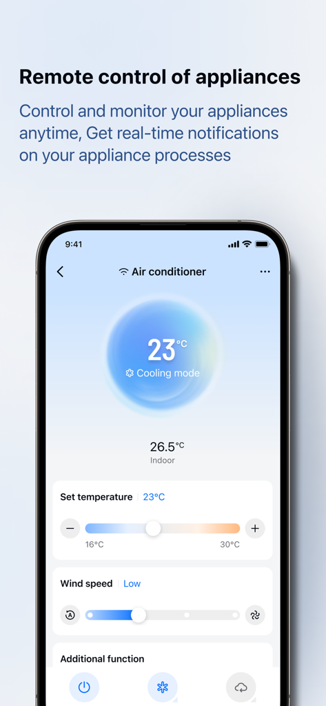 Screenshot of the Haismart app interface displaying remote control settings for a smart air conditioner including temperature and wind speed