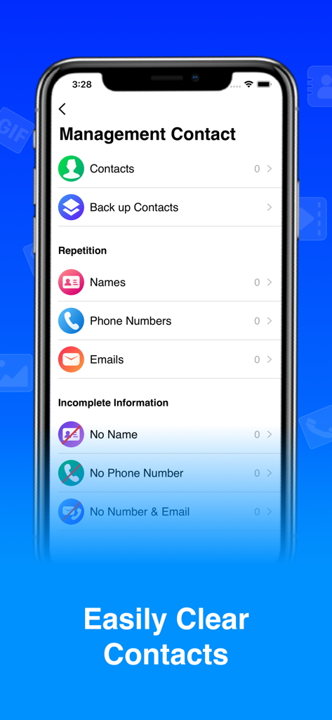 Super Cleaner - Photo & Phone - Interface of the Super Cleaner app showing contact management options for duplicates and incomplete information