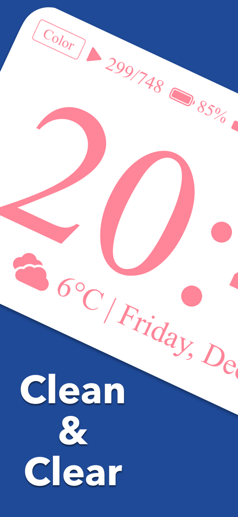 Mugen Clock - Mugen Clock app interface showing a large pink digital clock with weather and battery status