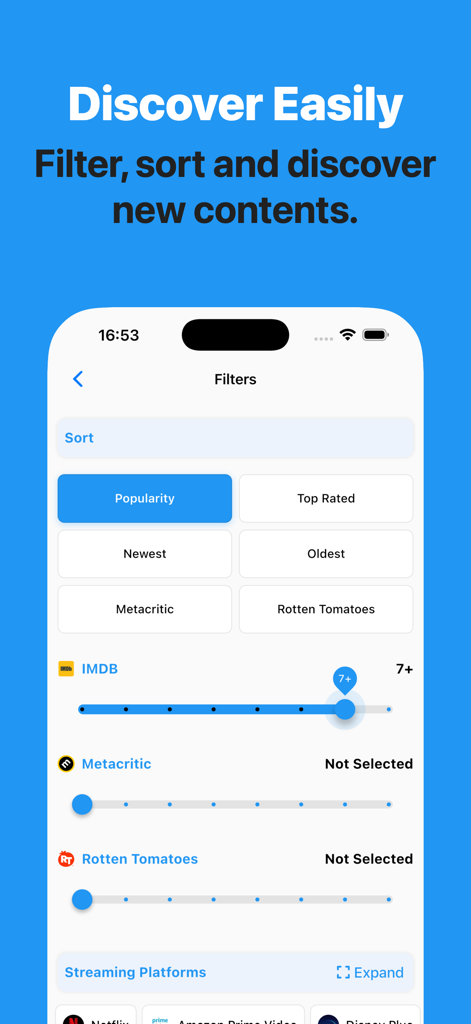 Watchlistfy: Track & Discover - Watchlistfy mobile app interface showing discovery filters and rating sliders