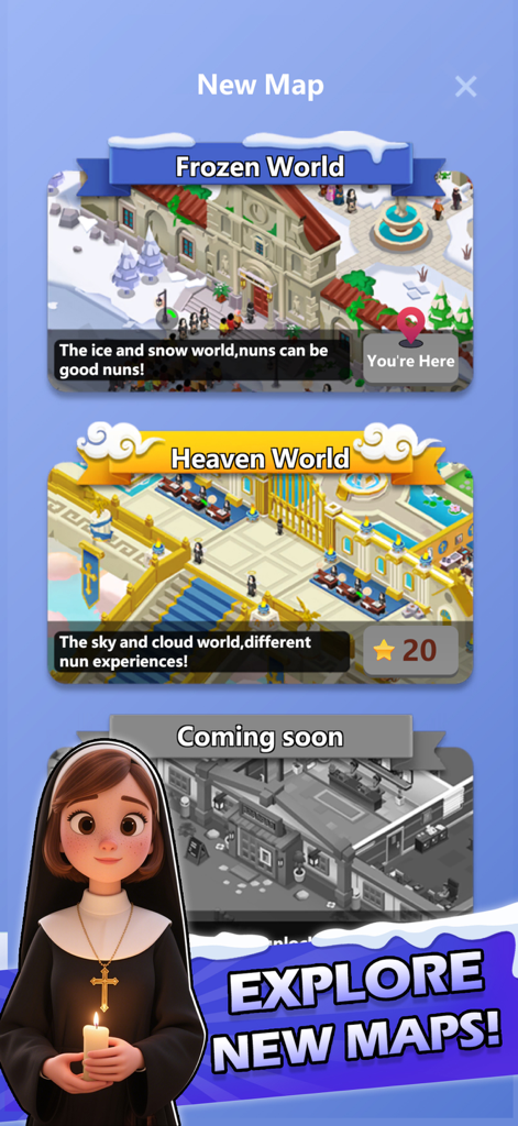 Idle Nuns Tycoon - Uma captura de tela do jogo Idle Nuns Tycoon mostrando a tela de seleção de mapa com os níveis Mundo Congelado e Mundo Paraíso