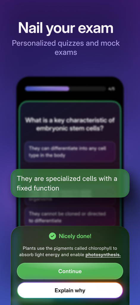 Knowunity app screen showing a biology quiz and personalized exam preparation tools