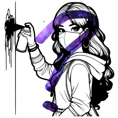 realistic girl with mask spray painting a wall