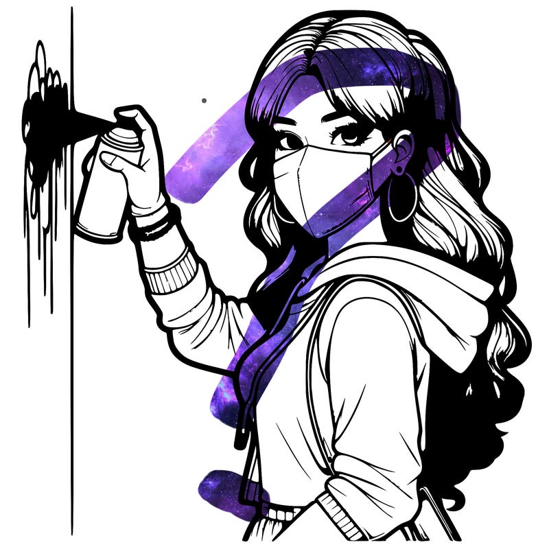 realistic girl with mask spray painting a wall