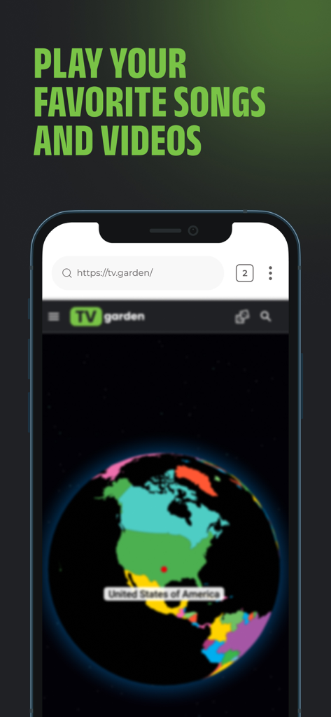 세계 지도와 노래 및 동영상 재생 옵션을 표시하는 Tvgarden 앱 화면
