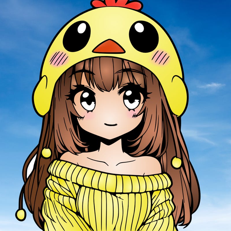 anime girl with chick shaped hat with sweater with bare shoulders with bangs covering them one eye with low tail