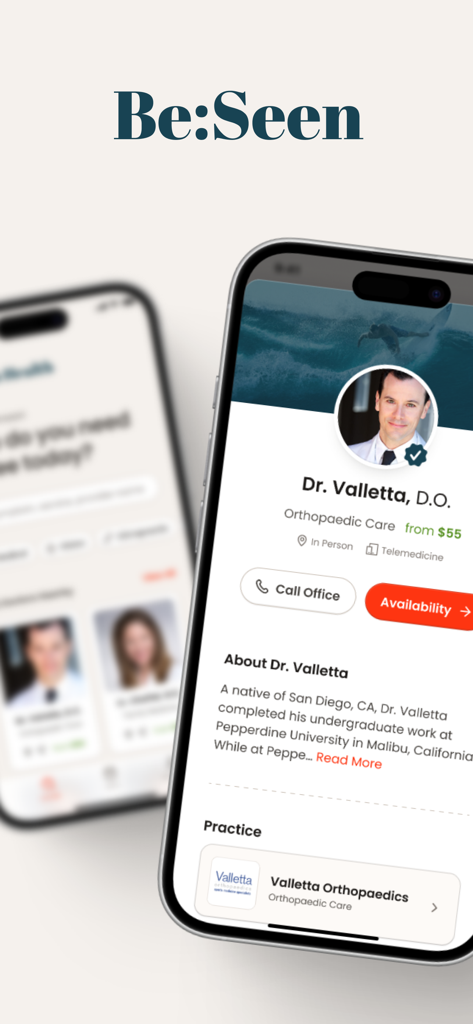 Be:Seen Health - Be Seen Health mobile app doctor profile showing orthopaedic care pricing and booking availability
