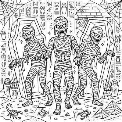 Step into a world where ancient curses reanimate the dead with this chilling reanimated mummies coloring page. Explore an Egyptian tomb filled with spooky details and bring these monstrous figures to life with your colors.