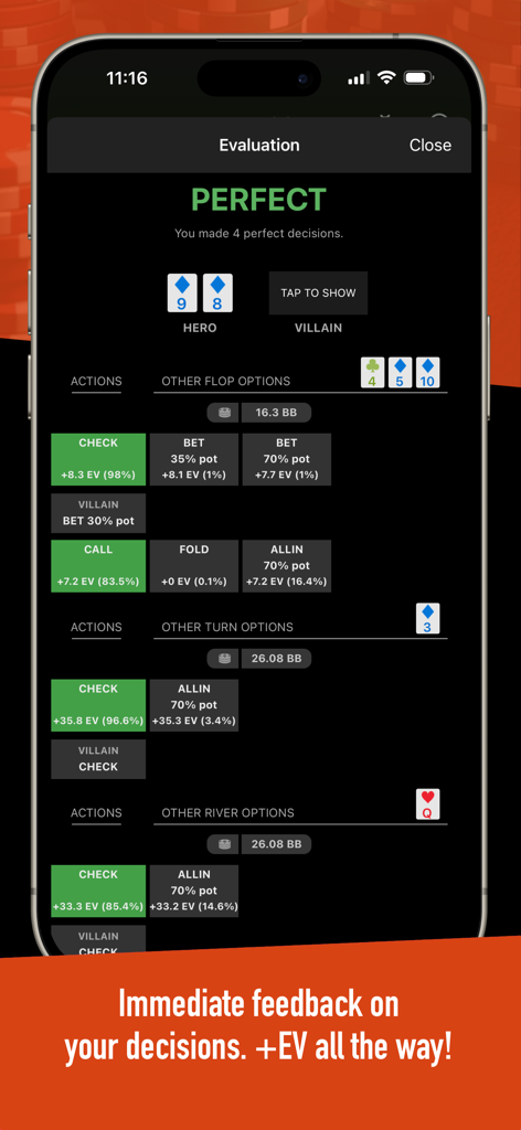 Postflop+ GTO Poker Trainer - Interfaz de la aplicación de entrenamiento de póker mostrando evaluación de manos GTO y feedback