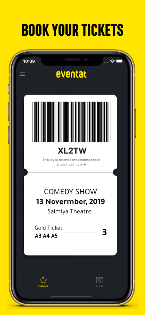 Eventat - Digital event ticket on Eventat app showing barcode and show details for a comedy performance