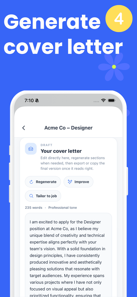 Interfaccia di un'app mobile che mostra strumenti IA per generare, migliorare e personalizzare lettere di presentazione professionali per le candidature di lavoro