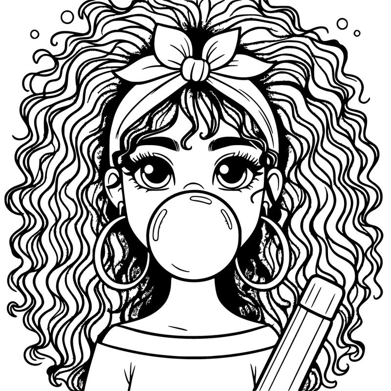 a girl with curly hair blowing a bubble with bubble gum and with big hoop earrings