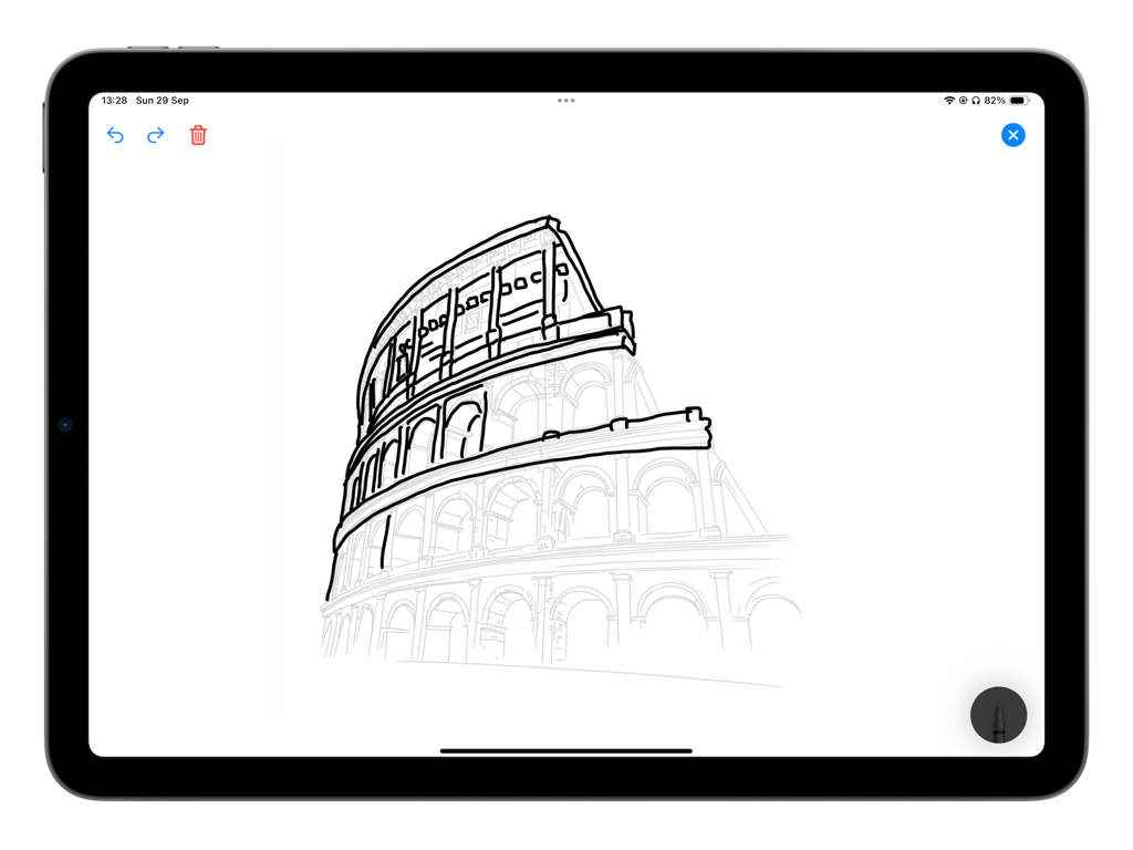 Trace Drawing - Un dibujo lineal digital del Coliseo Romano siendo calacado en una pantalla de iPad
