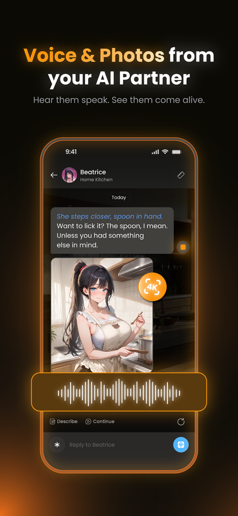 Foxy: 18+ AI Characters & Chat - Mobile app interface showing a chat with an anime AI character including voice messages and high-quality generated photos.