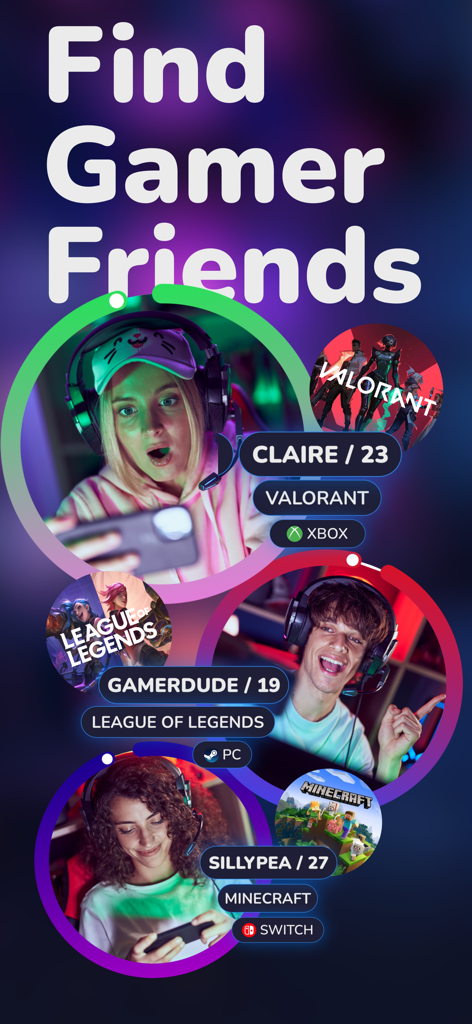 Noobly Find Gaming Friends LFG - Noobly app interface showing gamer profiles with their names ages favorite games and platforms