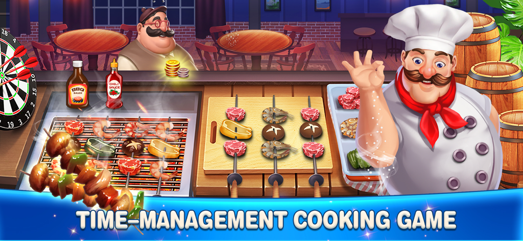 Happy Cooking 3: Cooking Games - A cartoon chef seasoning meat and shrimp skewers on a grill in the Happy Cooking 3 time-management game.