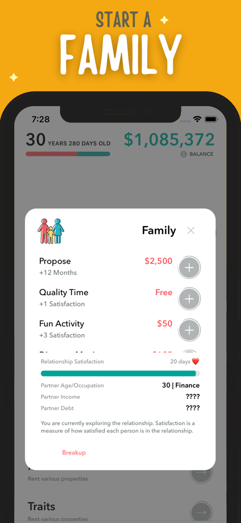 Life Simulator - Hobo CEO - Captura de tela do jogo móvel Life Simulator Hobo CEO mostrando o menu de gerenciamento familiar e estatísticas de relacionamento.
