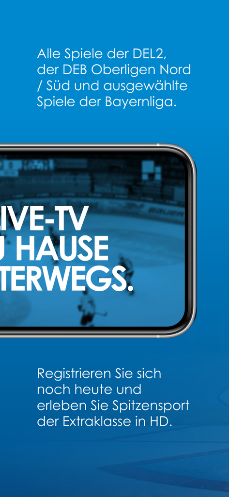 SpradeTV - SpradeTV 모바일 앱 인터페이스에 독일 하키 리그 라이브 방송을 HD로 보여주는 모습