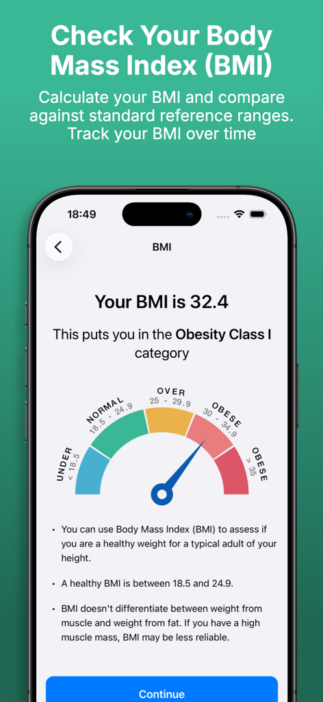 Gym Geek Calorie Counter - Tela do aplicativo Gym Geek mostrando um cálculo de Índice de Massa Corporal IMC com um medidor de status codificado por cores
