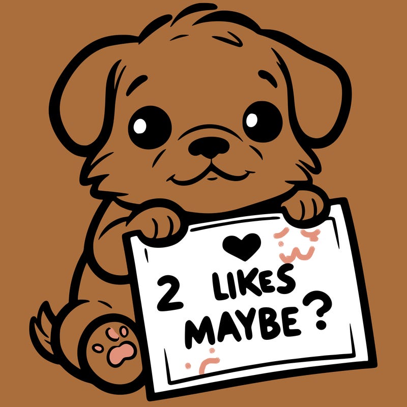 a puppy holding a sign that says 2 likes maybe?