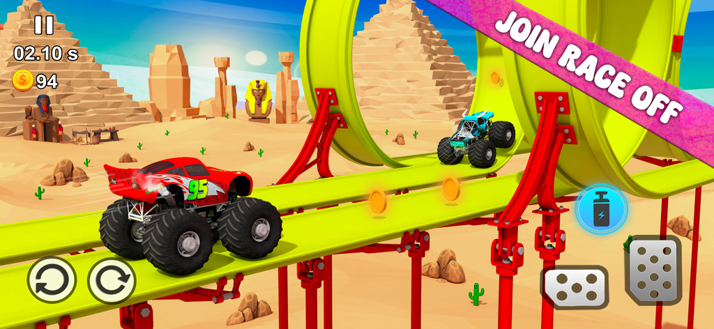 Monster Truck+ : Race Off Ramp - Two monster trucks racing on a yellow mega ramp in an Egyptian desert setting with pyramids and a sphinx
