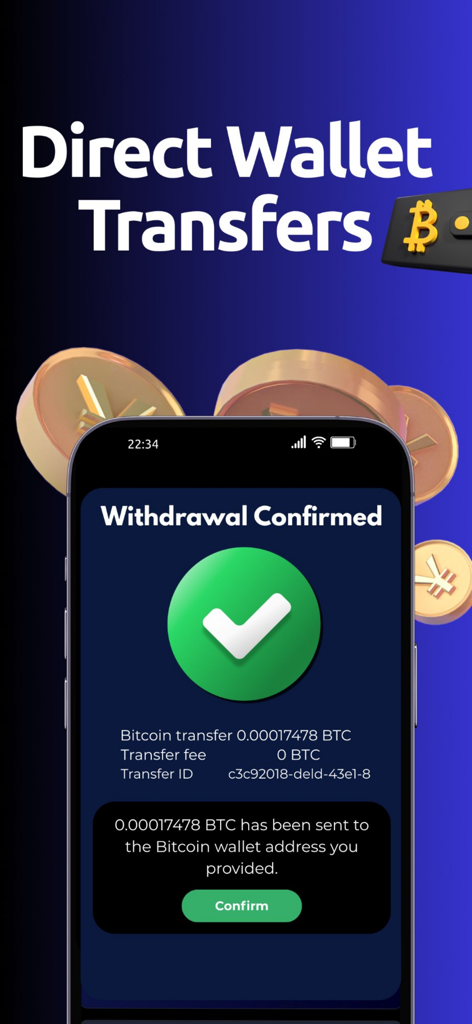 Una pantalla de smartphone que muestra un mensaje de confirmación de retiro de Bitcoin exitoso con cero comisiones.