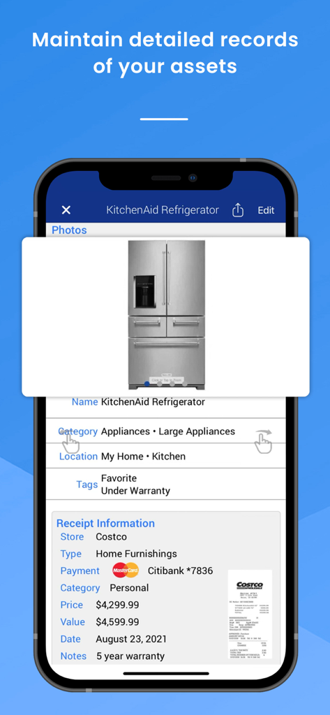 Categorizr: Receipt Scanner - Categorizr app screen showing a detailed home asset record for a refrigerator with its receipt and warranty information