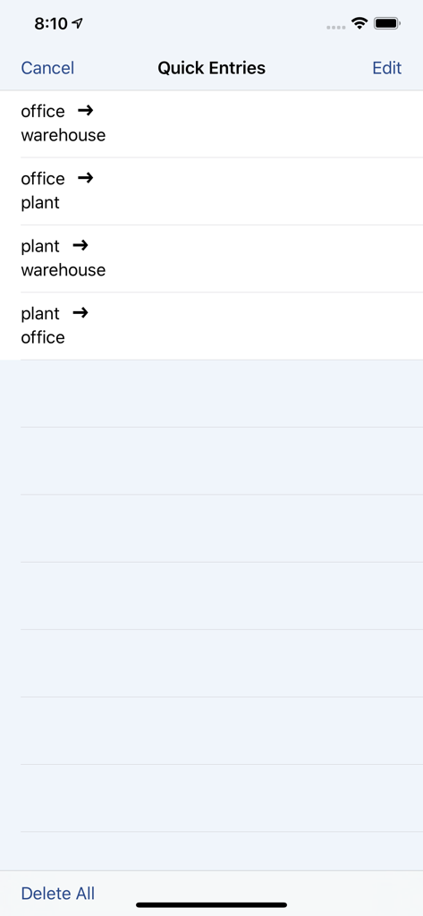 MileTracker Pro - List of frequent business trip shortcuts in MileTracker Pro for fast manual mileage entry