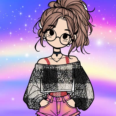 girl with a messy ponytail glasses a baggy crop top and jean shorts