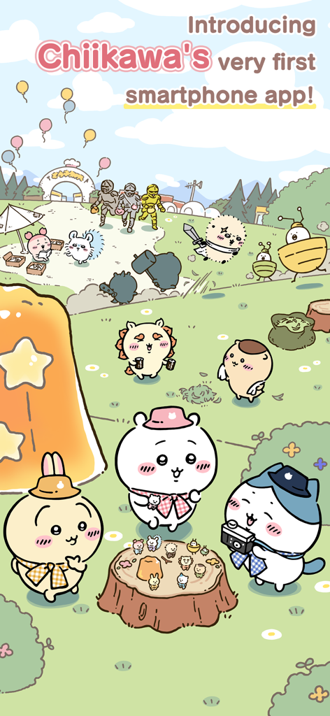 Chiikawa Pocket - A group of cute Chiikawa characters in a sunny outdoor field for the Chiikawa Pocket mobile game