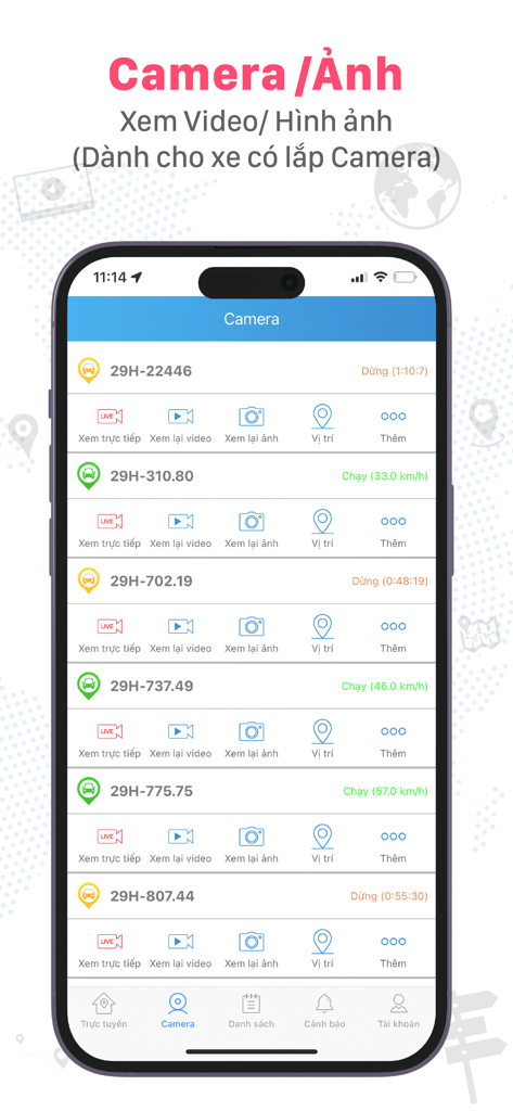 T-Track Pro mobile App-Oberfläche zeigt eine Liste von Fahrzeugen mit Live-Video- und Tracking-Funktionen an