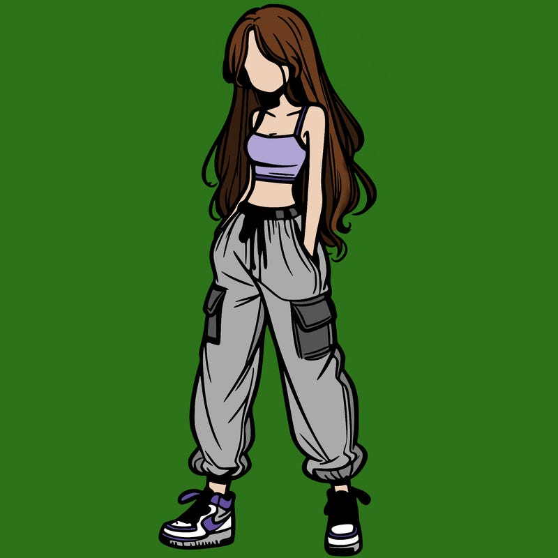 girl in baggy pants crop top and long hair