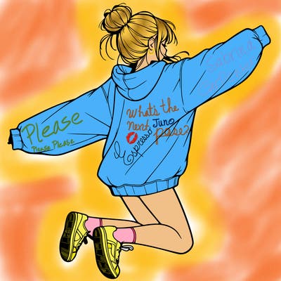 realistic girl jumping with a bun and oversized sweatshirt