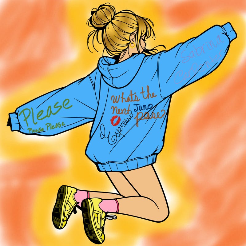realistic girl jumping with a bun and oversized sweatshirt