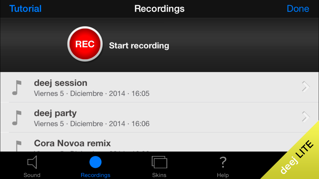 deej Lite - DJ turntable. Mix, record & share your music - Recordings screen of the deej Lite DJ app showing a start recording button and a list of saved mixes.