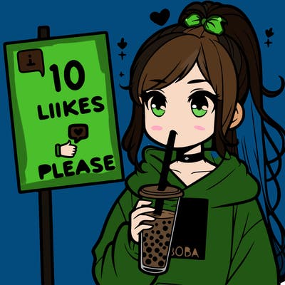 girl with a high ponytail and a hoodie drinking boba staring at a sign saying 10 likes please