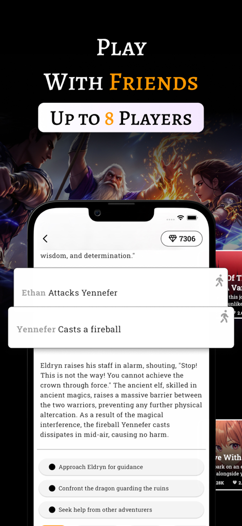 Mobile gameplay of FableAI showing multiplayer mode and interactive fantasy storytelling with up to eight players