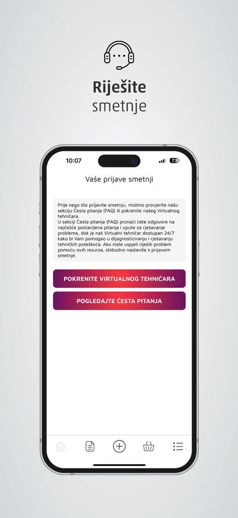 Moj ERONET - Moj ERONET mobile app troubleshooting screen with virtual technician and FAQ options