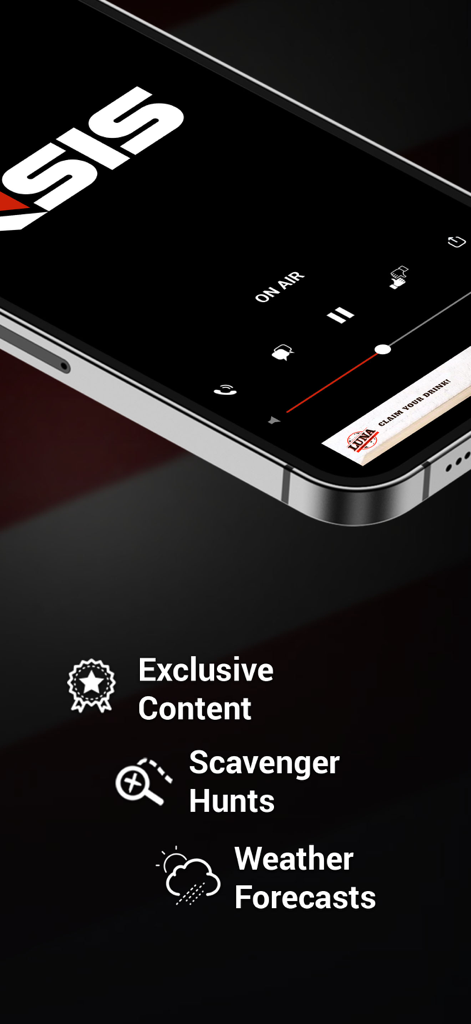 KSIS 1050 94.7 96.9 - KSIS Radio app interface showing exclusive content, scavenger hunts, and weather forecasts features