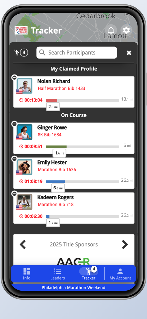Philadelphia Marathon Weekend - Real-time athlete tracking interface showing runner progress and race statistics for the Philadelphia Marathon Weekend.