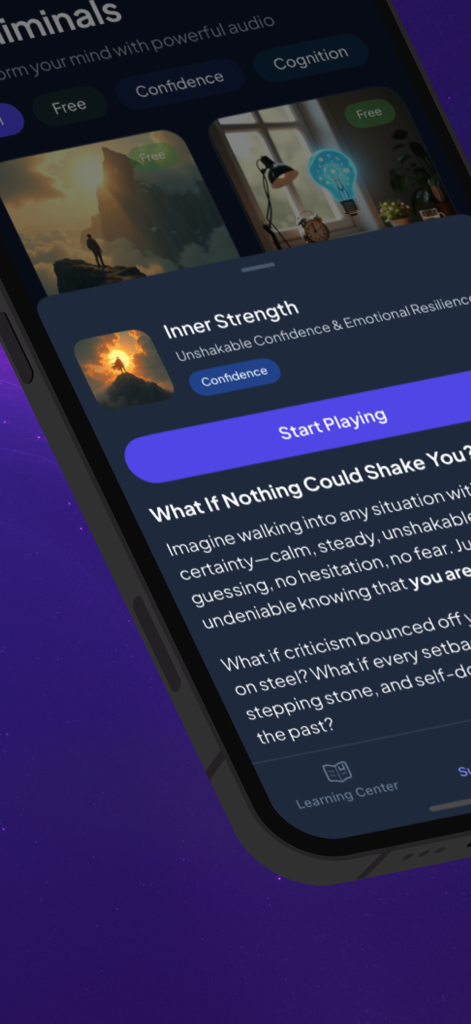 Sublimind: Custom Subliminals - Interface do aplicativo Sublimind mostrando uma faixa de áudio subliminar para força interior e confiança