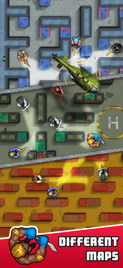 Hunter Assassin - Draufsicht verschiedener Spielumgebungen in Hunter Assassin, die verschiedene taktische Karten und Hindernisse zeigen