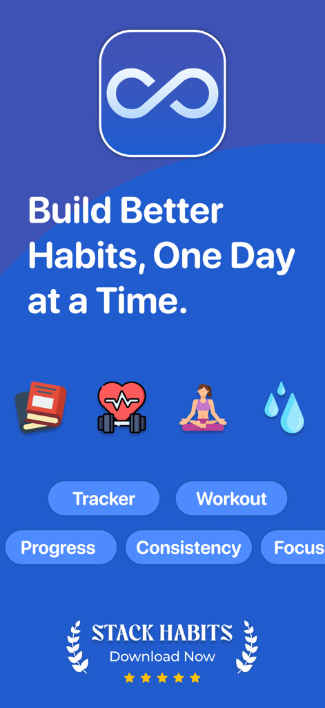 Stack Habit - Pantalla de promoción de la aplicación Stack Habit con el eslogan Construye Mejores Hábitos Un Día a la Vez con iconos para lectura, fitness e hidratación