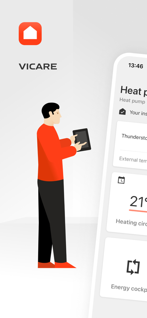 Illustration d'un propriétaire gérant son système de chauffage via l'application ViCare sur une tablette.