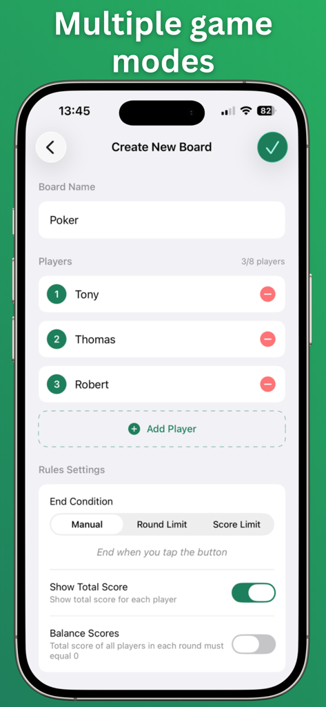 Score Keeper & Scoreboard - Score Keeper app screen for creating a new game board with player names and rule settings