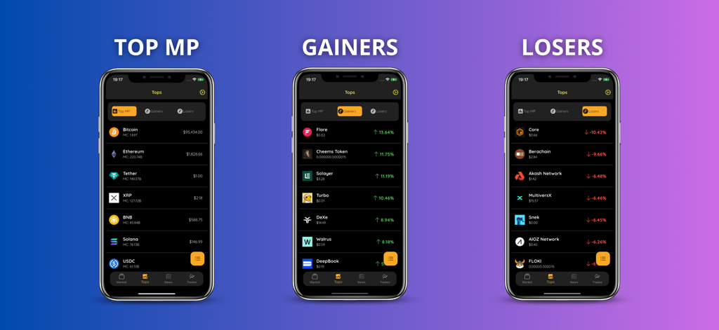 Crypto Stats & Track - Capturas de pantalla de la aplicación Crypto Stats and Track que muestran las principales criptomonedas ganadoras y perdedoras del mercado