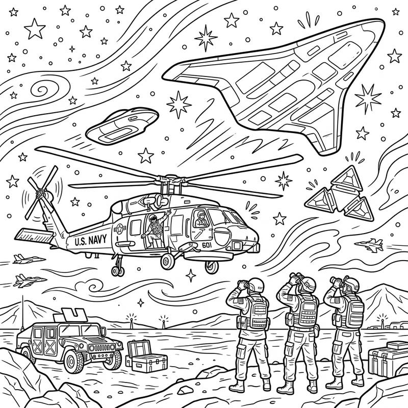 Explore the thrilling world where military operations meet unidentified aerial phenomena in this intriguing coloring page. Perfect for those fascinated by extraterrestrial mysteries and advanced aircraft.