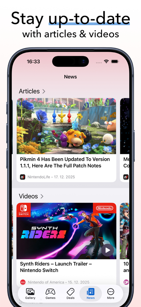 La section Actualités de l'application SwitchBuddy affichant des articles de jeux et des bandes-annonces.